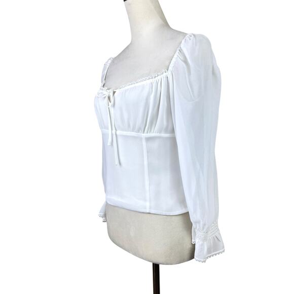 Aritzia Wilfred Duke Blouse White Sheer Long Sleeve Cropped Smocked Peasant Top - Picture 2 of 14